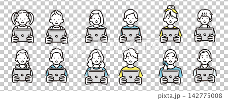 Simple illustrations: A set of vector icons of boys and girls of various ages smiling and looking at tablets. Simple illustrations: A set of vector icons of boys and girls of various ages smiling and looking at tablets. 142775008