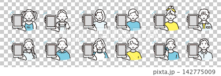 Simple illustration icon set of boys and girls of various ages showing tablet screens. Simple illustration icon set of boys and girls of various ages showing tablet screens. 142775009