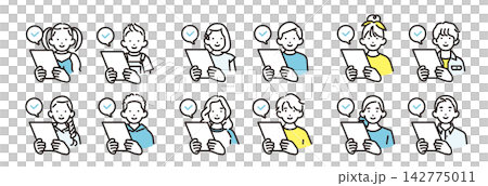 Simple illustrations: A set of icons of boys and girls of various ages checking the contents of prints and documents. 142775011