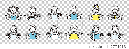 シンプル　イラスト　両手でOKサインを作るさまざまな年齢の男女の子供アイコンセット ベクターイラスト 142775018