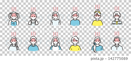 シンプル イラスト 熱中症で顔が火照るさまざまな年齢の男女の子供アイコンセット ベクターイラスト シンプル イラスト 熱中症で顔が火照るさまざまな年齢の男女の子供アイコンセット ベクターイラスト 142775089