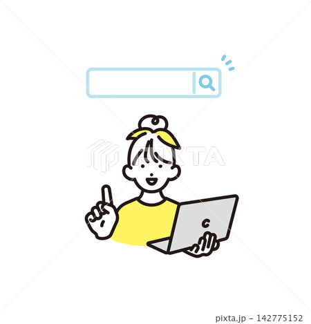 シンプル　イラスト　ノートパソコンを持って検索窓を指差す小学生の女の子 ベクターイラスト 142775152