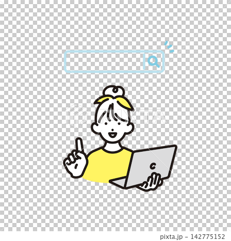 Simple illustration: A young elementary school girl holding a laptop and pointing to the search bar. Vector illustration. Simple illustration: A young elementary school girl holding a laptop and pointing to the search bar. Vector illustration. 142775152