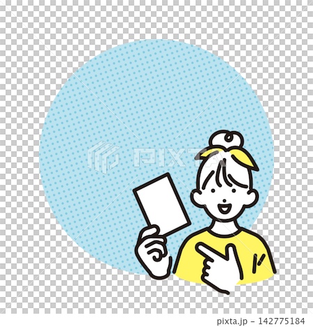 シンプル　イラスト　紙を持って指差しをする小学生の女の子 ベクターイラスト 142775184
