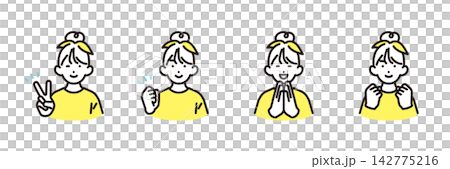 Simple illustrations: A set of 4 vector illustrations of elementary school girls with positive expressions. Simple illustrations: A set of 4 vector illustrations of elementary school girls with positive expressions. 142775216