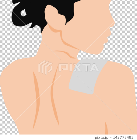 Illustration of a woman with a pain relief patch on her shoulder. Illustration of a woman with a pain relief patch on her shoulder. 142775493