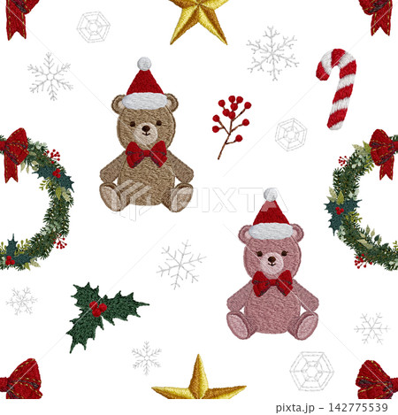 【クリスマスのシームレスパターン】手刺繍イラスト素材 142775539