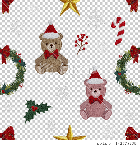 【クリスマスのシームレスパターン】手刺繍イラスト素材 142775539