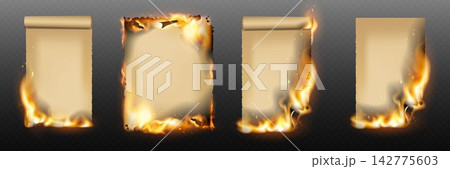 Old paper sheets burning with fire and smoke on a transparent background 142775603