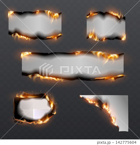 Paper frames burning with orange flames and dark charred edges on a transparent background Paper frames burning with orange flames and dark charred edges on a transparent background 142775604