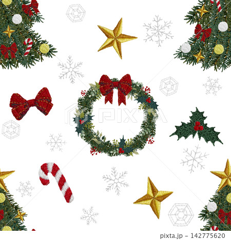 【クリスマスのシームレスパターン】手刺繍イラスト素材 142775620