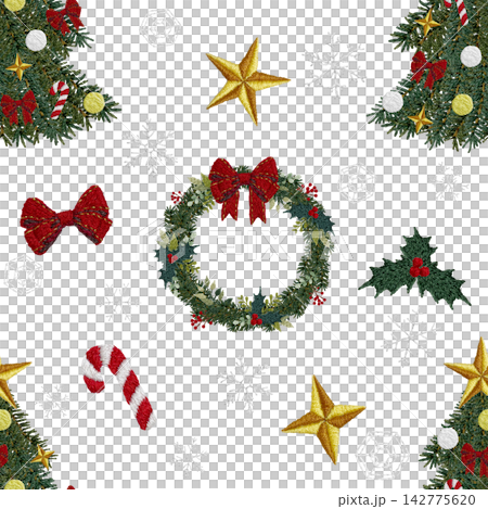 【クリスマスのシームレスパターン】手刺繍イラスト素材 142775620