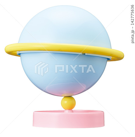 パステルカラーの土星モチーフの置物 水色の球体に黄色いリングとピンクの台座 白背景 パステルカラーの土星モチーフの置物 水色の球体に黄色いリングとピンクの台座 白背景 142775636