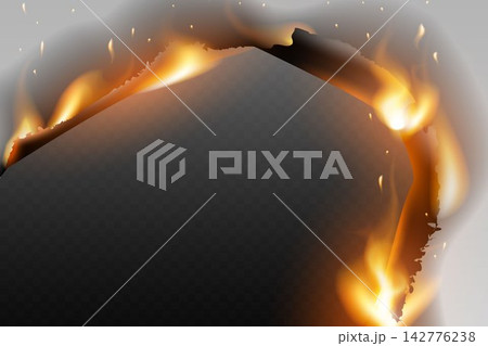 Dark paper edge burning with bright orange fire flames and grey smoke, creating a destructive border Dark paper edge burning with bright orange fire flames and grey smoke, creating a destructive border 142776238