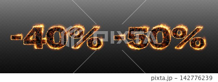 Fiery minus forty and minus fifty percent symbols for hot sales and urgent promotions Fiery minus forty and minus fifty percent symbols for hot sales and urgent promotions 142776239