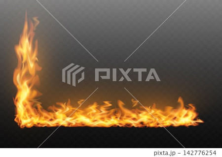 Hot orange and yellow fire flames creating an l shaped graphic element on transparent background 142776254