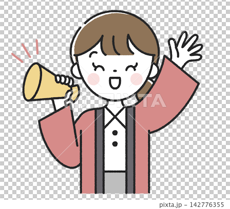身穿日式法被、手持擴音器的女店員。 身穿日式法被、手持擴音器的女店員。 142776355