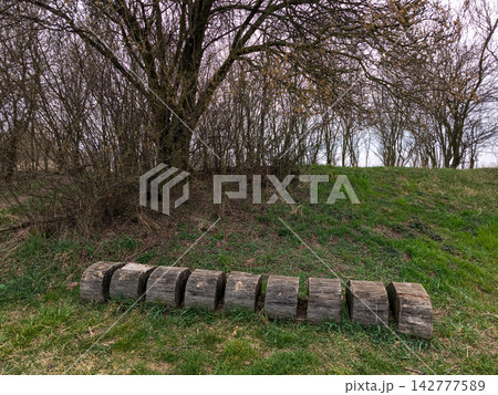 Wooden logs forming a bench in the park of brandys nad labem in the czech republic Wooden logs forming a bench in the park of brandys nad labem in the czech republic 142777589