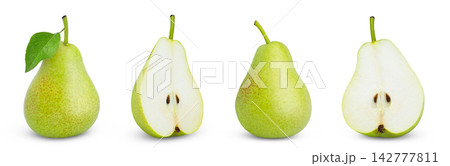 Vertical isolated green pear and cut in halves fruits. Green juicy pear with leaf and cut in half of pears isolate on white. Vertical isolated green pear and cut in halves fruits. Green juicy pear with leaf and cut in half of pears isolate on white. 142777811