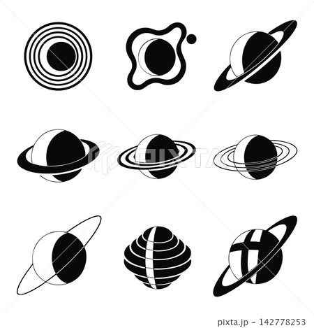 The image shows a set of nine black-and-white vector icons depicting stylized planets with rings The image shows a set of nine black-and-white vector icons depicting stylized planets with rings 142778253