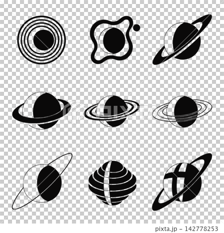 The image shows a set of nine black-and-white vector icons depicting stylized planets with rings The image shows a set of nine black-and-white vector icons depicting stylized planets with rings 142778253