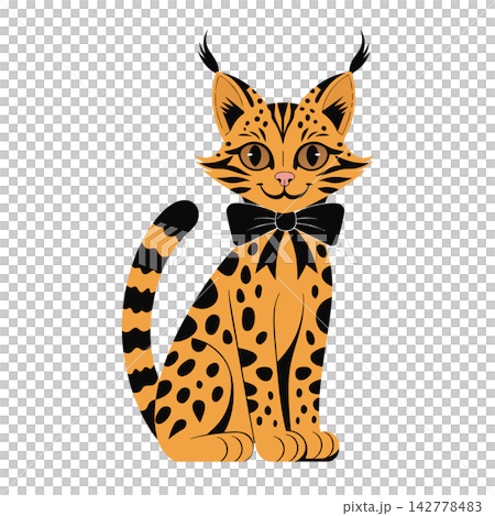 This is an orange and black cartoon serval cat illustration wearing a large black bow tie This is an orange and black cartoon serval cat illustration wearing a large black bow tie 142778483