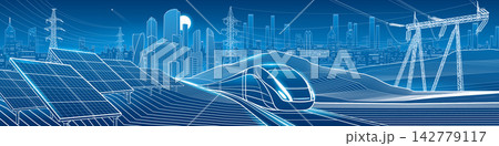 Futuristic smart city panorama with high speed train, solar panels, power lines and modern skyline. Sustainable energy and transportation concept featuring renewable technology, electric infrastructur Futuristic smart city panorama with high speed train, solar panels, power lines and modern skyline. Sustainable energy and transportation concept featuring renewable technology, electric infrastructur 142779117