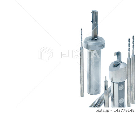 Special tools isolated on white background. Made to order special tools. Step drill, reamer, and endmill detail. Cemented carbide. Carbide cutting tool for industrial applications. Unique tools set. Special tools isolated on white background. Made to order special tools. Step drill, reamer, and endmill detail. Cemented carbide. Carbide cutting tool for industrial applications. Unique tools set. 142779149