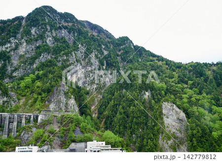 初夏の観光名所立山黒部アルペンルートの黒部ダムと北アルプスの新緑の風景	 142779812
