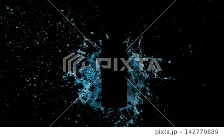 Freeze Motion of Splashing Water on Black Bottle Shape Isolated on Black Background Freeze Motion of Splashing Water on Black Bottle Shape Isolated on Black Background 142779889
