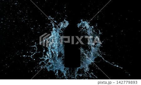 Freeze Motion of Splashing Water on Black Bottle Shape Isolated on Black Background Freeze Motion of Splashing Water on Black Bottle Shape Isolated on Black Background 142779893