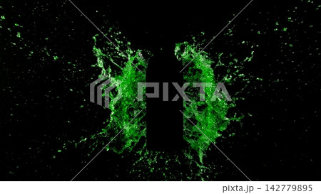 Freeze Motion of Splashing Water on Black Bottle Shape Isolated on Black Background Freeze Motion of Splashing Water on Black Bottle Shape Isolated on Black Background 142779895
