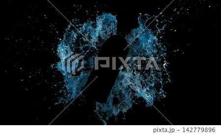Freeze Motion of Splashing Water on Black Bottle Shape Isolated on Black Background Freeze Motion of Splashing Water on Black Bottle Shape Isolated on Black Background 142779896