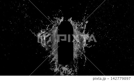 Freeze Motion of Splashing Water on Black Bottle Shape Isolated on Black Background Freeze Motion of Splashing Water on Black Bottle Shape Isolated on Black Background 142779897