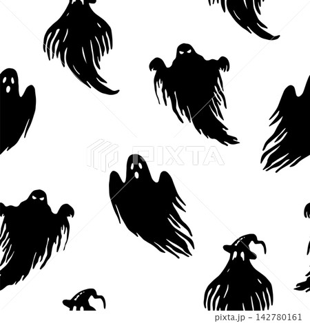 Seamless pattern of scary ghosts. Graphic illustration for Halloween. Hand drawn black silhouette. Monochrome creepy background for horror holiday. Simple doodle art. Magical creature of the night 142780161