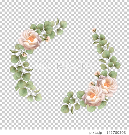 Hand drawn illustration of an elegant floral wreath with soft white roses and green eucalyptus foliage. Isolated on white background. Botanical decorative frame with blossoms for wedding invitations 142780308