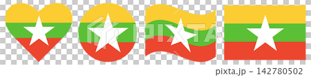 Myanmar flags set. Waving flag of Myanmar isolated. Round flag isolated in circle shape. Flag of Myanmar in heart shape. Myanmar flags set. Waving flag of Myanmar isolated. Round flag isolated in circle shape. Flag of Myanmar in heart shape. 142780502
