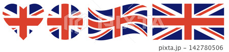 Round flag of United Kingdom isolated in circle and heart shape, waving flag of England isol, rectangular flag set.  142780506