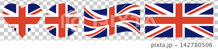 Round flag of United Kingdom isolated in circle and heart shape, waving flag of England isol, rectangular flag set.  142780506