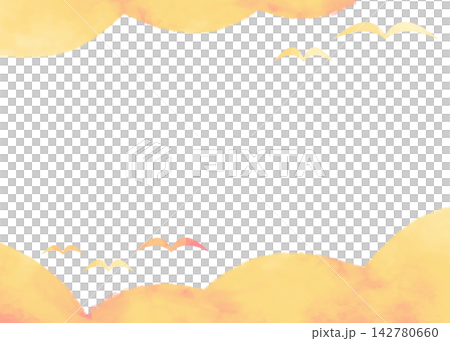 Simple watercolor-style frame with clouds and birds, orange. Simple watercolor-style frame with clouds and birds, orange. 142780660