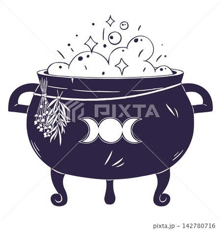 Magic Halloween Cauldron with Bubbling Foam, Triple Moon and Herbs. Great for Party Sign Print, Potion Menu, Sticker Sheet, Poster. Hand Drawn Doodle Vector Outline in Navy on White Background 142780716