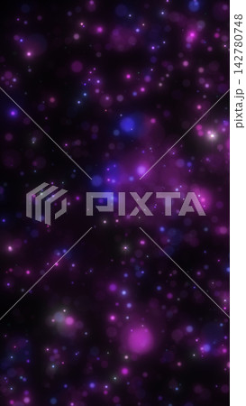 Purple, pink, and blue bokeh lights shimmer with bright starbursts against a dark background, creating a dreamy festive atmosphere. 142780748