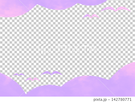 Simple watercolor-style frame with clouds and birds, purple. Simple watercolor-style frame with clouds and birds, purple. 142780771