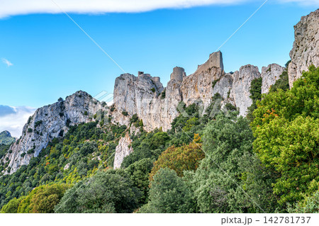 The Cathar medieval castle of Peyrepertuse in the Aude department, southern France situated in the French Pyrenees 142781737