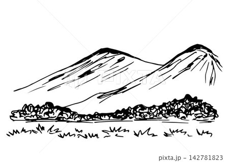 Hand-drawn vector black and white ink drawing. Wildlife, mountain landscape, bushes, grass in the foreground. The nature of mountainous countries, tourism, travel. 142781823