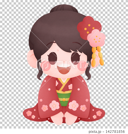A girl in a kimono giving New Year's greetings. A girl in a kimono giving New Year's greetings. 142781856