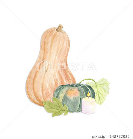 Orange pumpkin with green speckles and a brown stem. Hand-painted watercolor autumn harvest element perfect for Thanksgiving design, Halloween, seasonal stationery, packaging, rustic kitchen decor 142782023