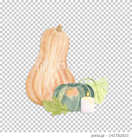 Orange pumpkin with green speckles and a brown stem. Hand-painted watercolor autumn harvest element perfect for Thanksgiving design, Halloween, seasonal stationery, packaging, rustic kitchen decor 142782023