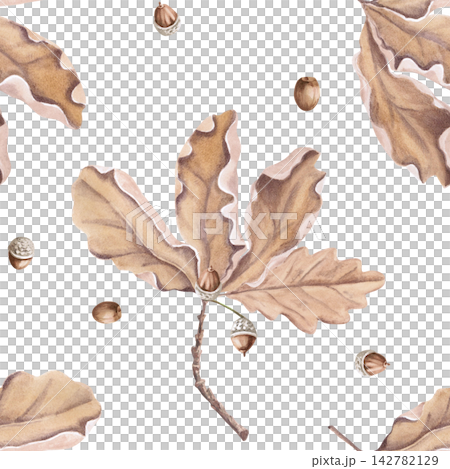 Watercolor pattern of acorns and autumn leaves. Isolated illustration for craft packaging, textiles, scrapbooking, children's books, fall fairs, restaurant menus, plant nursery design, and eco-farms. 142782129