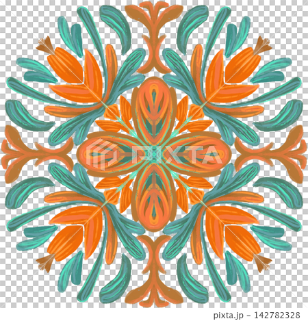 Orange Teal Botanical Mandala With Symmetrical Floral Motif Orange Teal Botanical Mandala With Symmetrical Floral Motif 142782328